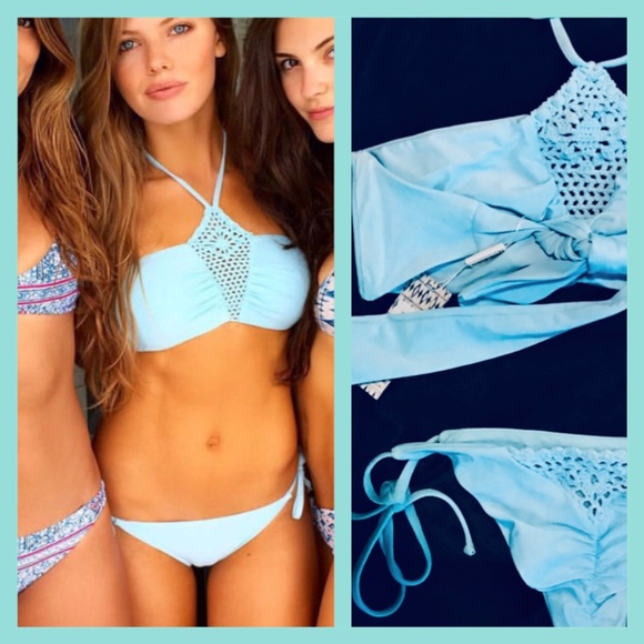 Frankies Bikinis Skimpy Ruched Crochet Two Piece Halter Brazilian Blue Harlow - Picture 8 of 10